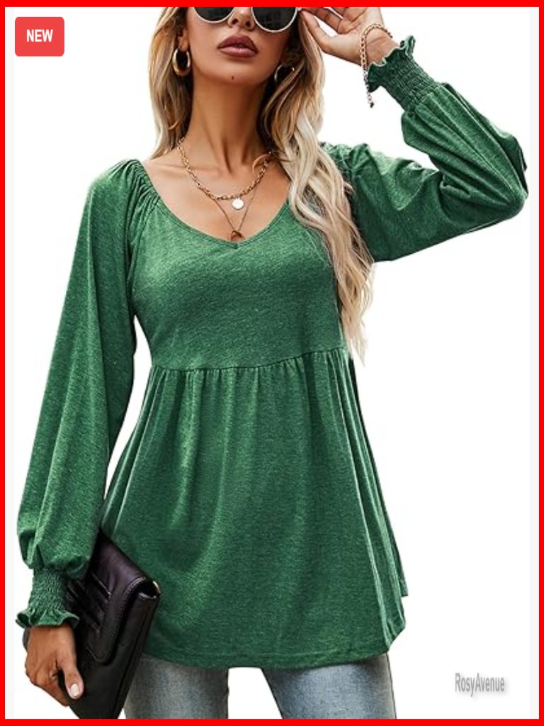 Womens Casual Fall Puff Long Sleeve Tunic Top V Neck Flowy Babydoll Peplum